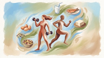 Ilustración estilo témpera con dos figuras estilizadas: una levanta mancuernas, otra corre. Flotan alimentos como huevos, legumbres, pescado, tofu y leche sobre fondo degradado.