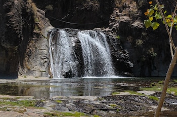 Una cascada de agua cae sobre una piscina natural, rodeada por paredes de roca escarpada y vegetación baja. Un tronco de árbol delgado aparece a la derecha