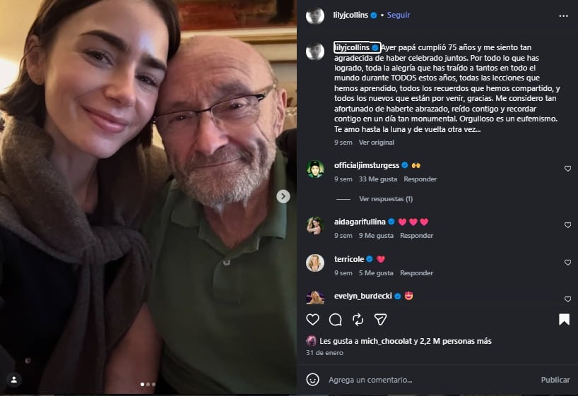 Lily Collins compartió una foto con Phil Collins el día de su cumpleaños. (Instagram)
