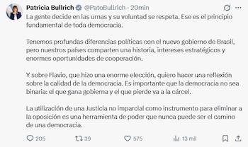 Captura de pantalla de una publicación en la red social X de la cuenta verificada de Patricia Bullrich con cuatro párrafos de texto