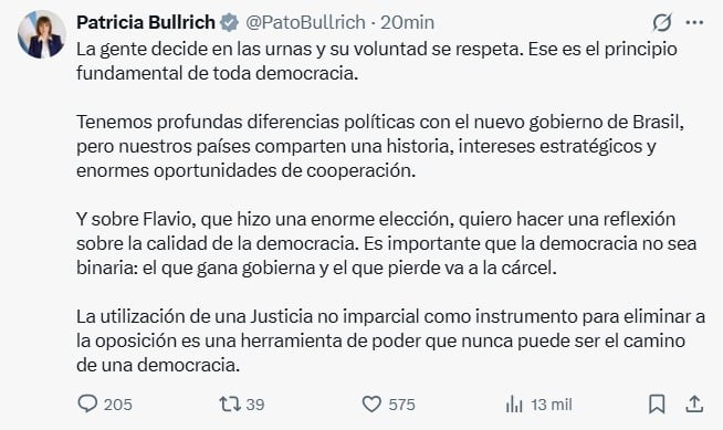 La dirigente argentina Patricia Bullrich expresa en la red social X su postura sobre las elecciones, el nuevo gobierno de Brasil y el funcionamiento de la justicia.
