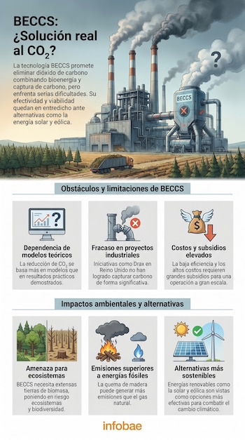Infografía ilustra una planta industrial emitiendo humo, un camión cargado de troncos y gráficos que explican los obstáculos y limitaciones de la tecnología BECCS.
