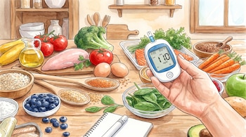 Ilustración de una mano que sostiene un glucómetro sobre una mesa con verduras, frutas, carne de pollo, pescado, huevos y semillas.