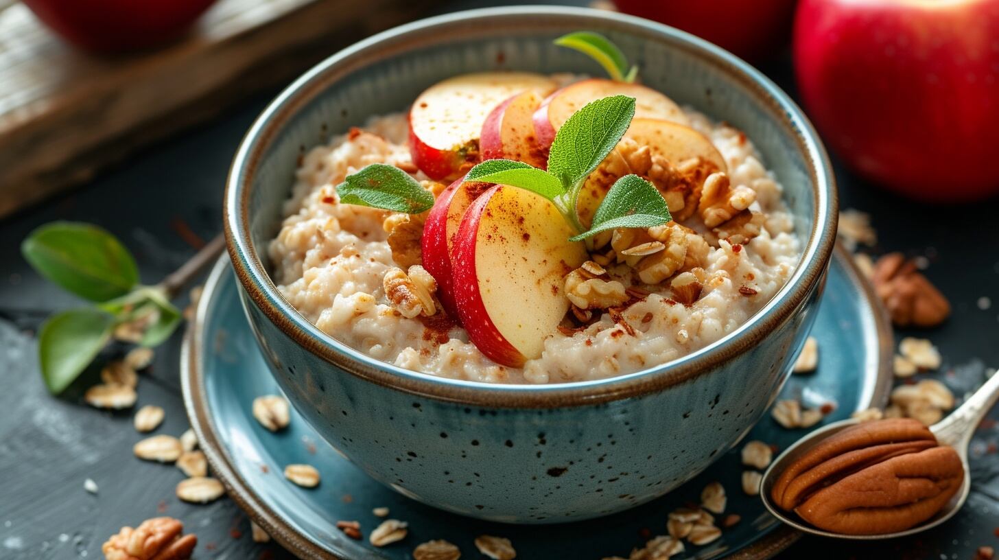 Plato de desayuno saludable mostrando avena cocida y manzana cortada en trozos, adornado con canela - (Imagen Ilustrativa Infobae)