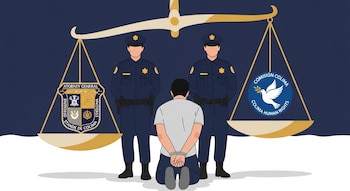 Balanza de la justicia con escudos de fiscalía y derechos humanos de Colima, dos policías y un hombre arrodillado con las manos atadas.