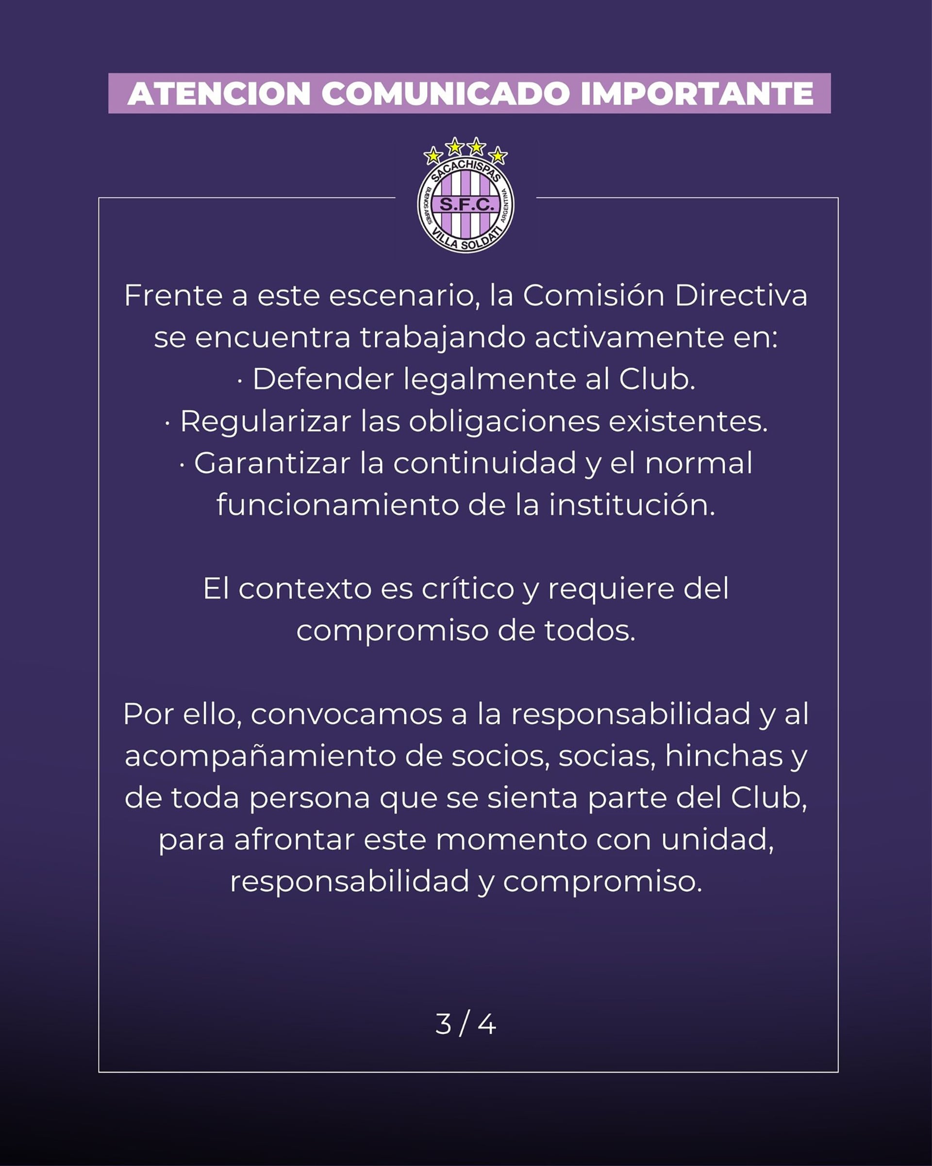La Comisión Directiva de Sacachispas S.F.C. emite un comunicado importante abordando la situación actual del club y pidiendo unidad y compromiso a sus socios y aficionados para asegurar su continuidad y normal funcionamiento.
