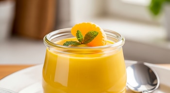 Primer plano de un posset de mandarina de color amarillo brillante en un vaso de vidrio, decorado con un gajo de mandarina y hojas de menta, junto a una cuchara.