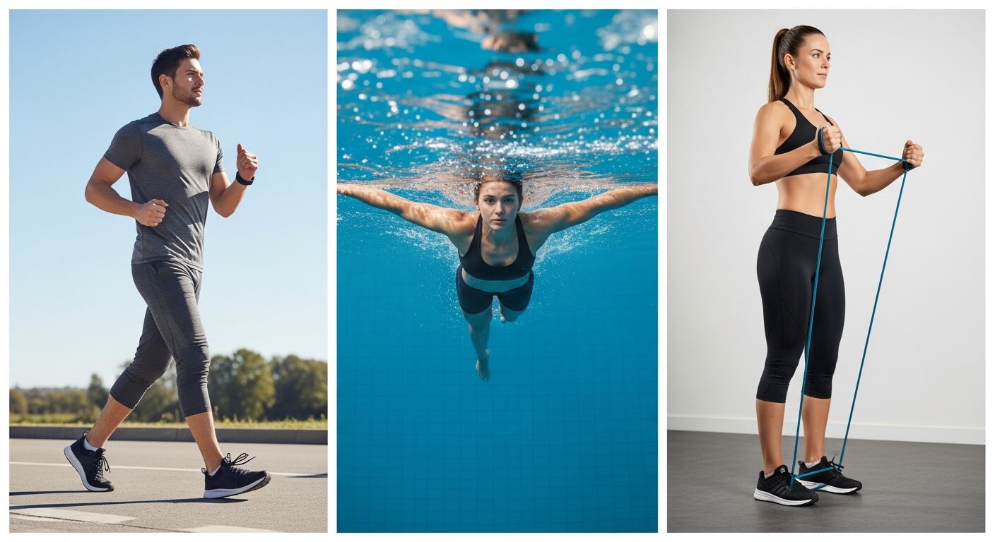 La imagen muestra a tres personas realizando diferentes actividades físicas: un hombre trotando al aire libre, una mujer nadando en una piscina y otra mujer ejercitándose con banda elástica en un gimnasio. Estas prácticas reflejan la importancia de la variedad en el entrenamiento para mantener un estilo de vida saludable. (Imagen Ilustrativa Infobae)