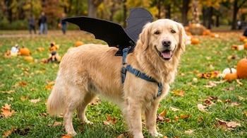 Un perro golden retriever con un arnés azul y alas negras de murciélago se encuentra sobre el césped con hojas secas y calabazas.
