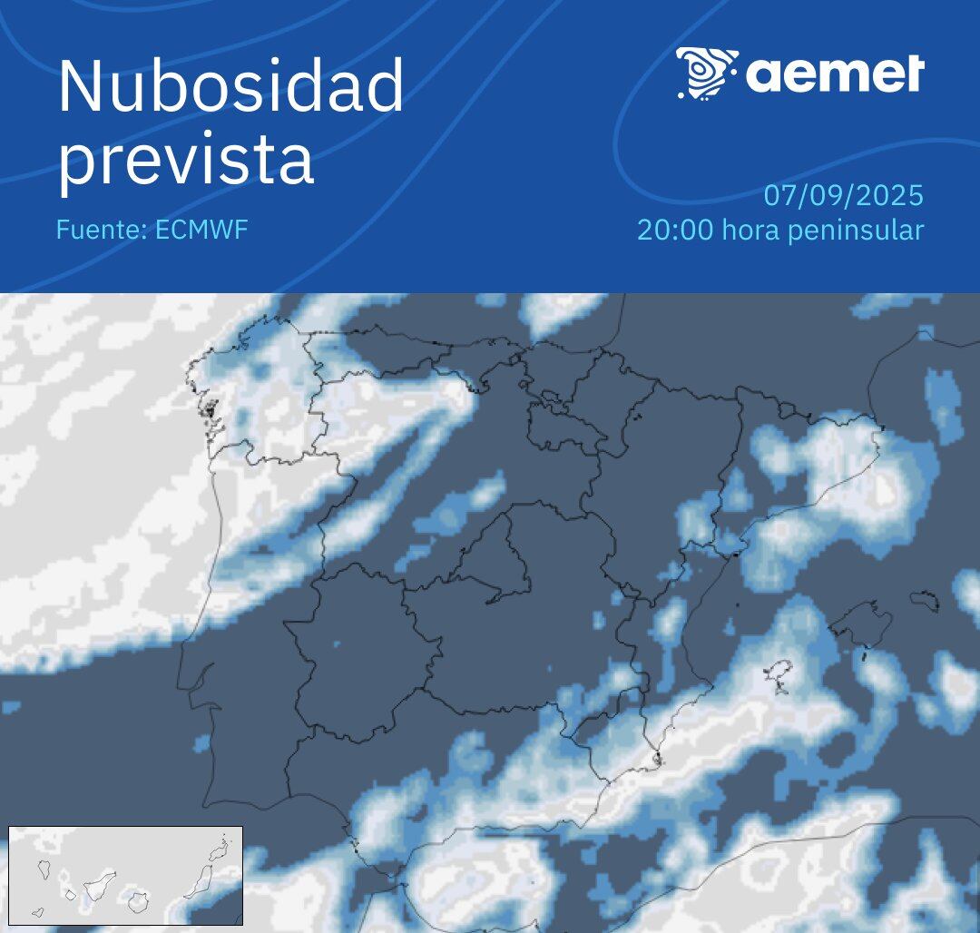 Mapa de la nubosidad prevista para las 20:00 de este domingo, 7 de septiembre de 2025. (Aemet)