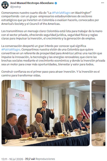 José Manuel Restrepo presentó la visión de Patria Milagro y promueve confianza para atraer inversión privada en Washington - crédito @jrestrp/X