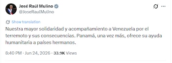 Panamá, a través de José Raúl Mulino, ofreció ayuda humanitaria a Venezuela por las consecuencias del terremoto.
