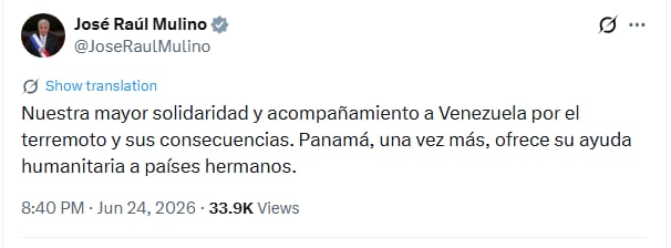 Panamá, a través de José Raúl Mulino, ofreció ayuda humanitaria a Venezuela por las consecuencias del terremoto.
