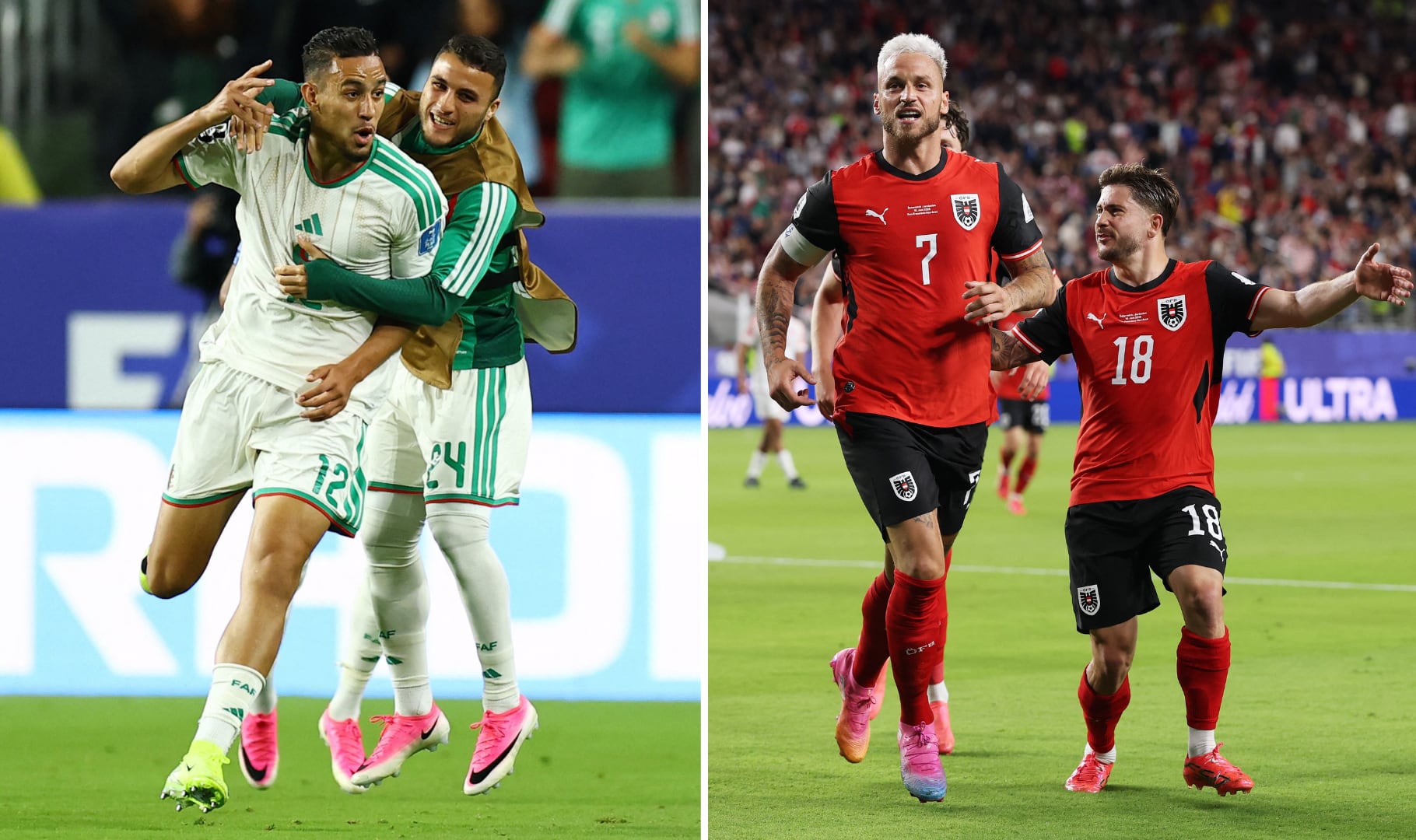 Figuras austraiacas como Marko Arnautovic y David Alaba buscarán imponer condiciones ante una Argelia que llega inspirada tras el milagroso gol de Nadhir Benbouali. (Fotos: REUTERS/Eloisa Lopez - AFP/Stu Forster)