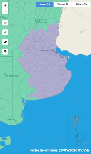 Mapa de Argentina mostrando la provincia de Buenos Aires resaltada en púrpura, indicando una alerta meteorológica, con provincias adyacentes en verde. Fecha: Jueves 28 de mayo