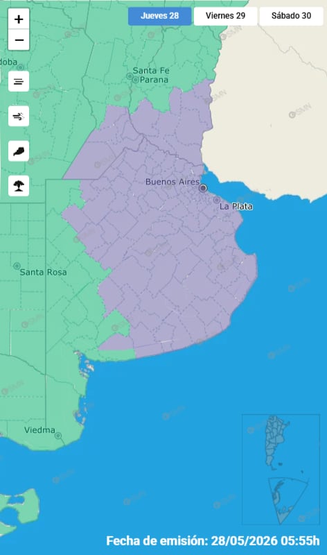 Mapa del Servicio Meteorológico Nacional, que muestra la advertencia violeta por nieblas en la provincia de Buenos Aires, Entre Ríos y Santa Fe.