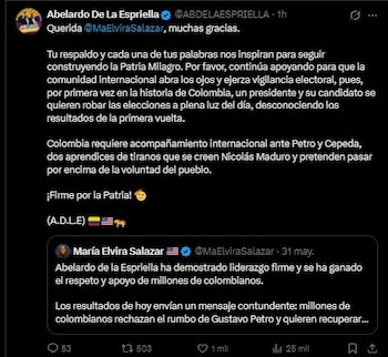 Abelardo de la Espriella agradeció el respaldo de la congresista estadounidense María Elvira Salazar y pidió acompañamiento internacional para el proceso electoral - crédito Abelardo de la Espriella/X