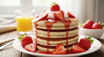 Una pila de pancakes en un plato blanco, cubiertos con sirope de fresa, crema batida y fresas frescas cortadas, con un vaso de jugo al fondo.