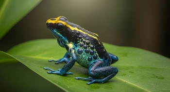 Primer plano de una rana dardo venenosa con piel negra, amarilla y turquesa brillante con glándulas visibles, posada sobre una hoja verde.