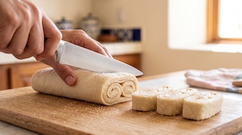 Manos sosteniendo un cuchillo sobre un rollo de masa con azúcar y tres rodajas cortadas sobre una tabla de madera en una cocina.