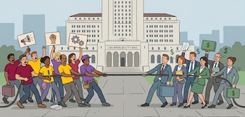 Ilustración de una tira y afloja entre dos grupos de personas, uno de trabajadores y otro de profesionales, frente al Ayuntamiento de Los Ángeles