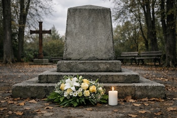 Un monumento de piedra gris sin inscripciones, con un ramo de flores blancas y amarillas y una vela encendida en primer plano. Al fondo, una cruz de hierro y árboles.
