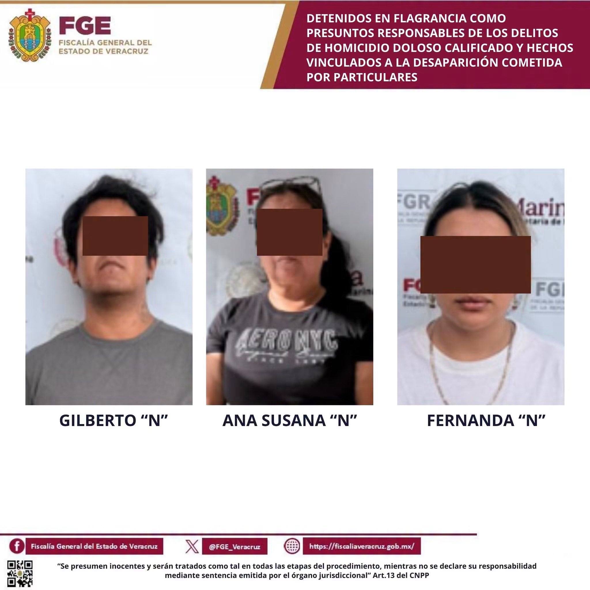 La Fiscalía General del Estado de Veracruz notificó la detención de tres personas identificadas como presuntas responsables del homicidio de un menor en Xalapa. (FGE)