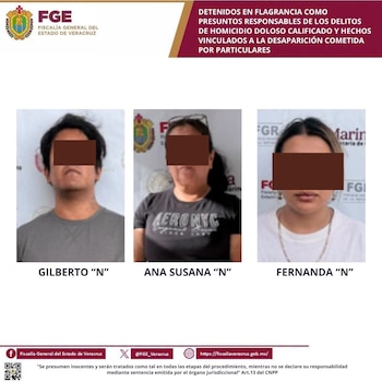 Ficha oficial con fotografías de tres personas identificadas como Gilberto N, Ana Susana N y Fernanda N, con los ojos cubiertos