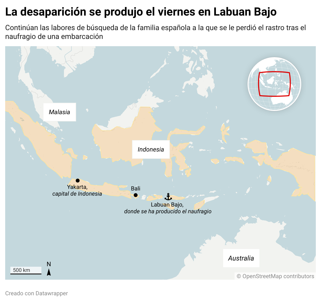 El viernes pasado desparecieron cuatro integrantes de una familia española en aguas de la isla de Labuan Bajo, en Indonesia. / Creación propia con Datawrapper