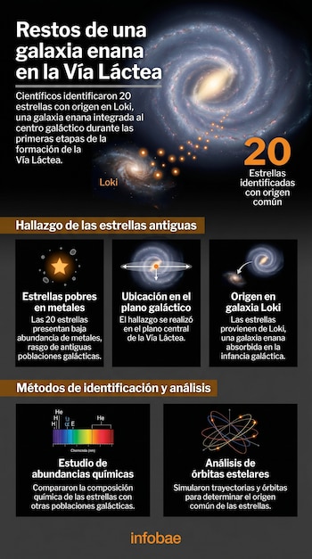 Infografía sobre el hallazgo de restos de la galaxia enana Loki en la Vía Láctea, mostrando una galaxia espiral, estrellas y gráficos explicativos.