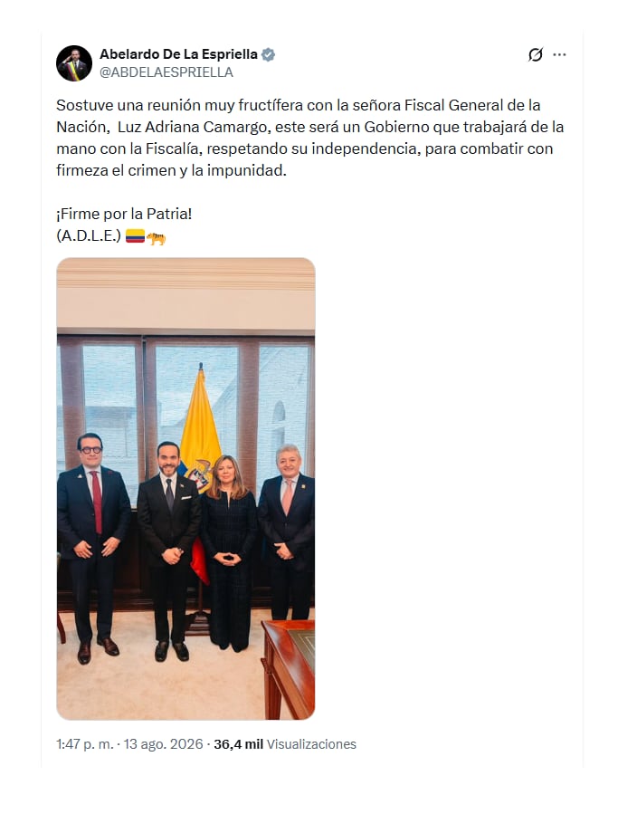 El presidente Abelardo de la Espriella sostuvo un encuentro con la fiscal General Luz Adriana Camargo, en el arranque de su administración, en el que reiteró su respeto a la autoridad judicial - crédito @ABDELAESPRIELLA/X
