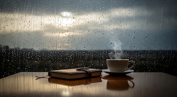 Una ventana con gotas de lluvia, cielo nublado con luz filtrada, taza de té caliente humeante sobre un platillo, y un cuaderno cerrado en una mesa de madera.