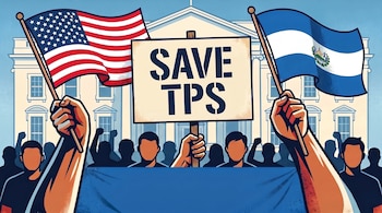 Ilustración de personas alzando banderas de Estados Unidos y El Salvador y un cartel que dice SAVE TPS frente a la Casa Blanca.