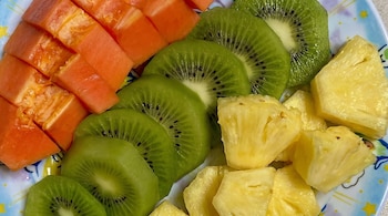 Plato lleno de frutas frescas y coloridas, incluyendo trozos de papaya anaranjada, rodajas de kiwi verde con semillas y cubos de piña amarilla.