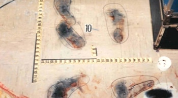 Suelo beige con múltiples huellas marcadas con contorno, manchas de sangre, dos cintas métricas amarillas y números de identificación