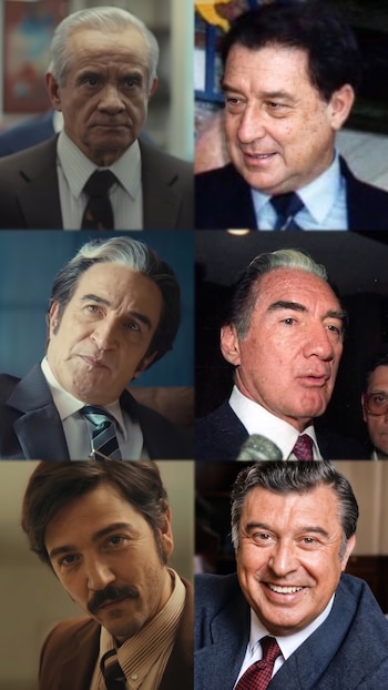 Un collage de seis retratos. En la columna derecha, tres hombres de mediana edad a avanzada. En la columna izquierda, tres actores que los interpretan