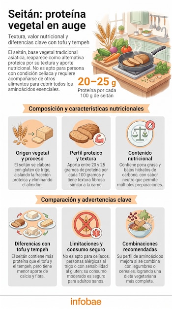 Infografía sobre el seitán con texto, imágenes de trigo, seitán, verduras, una sartén cocinando, iconos de nutrición y advertencia de gluten, y logos.