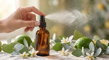 Mano que presiona el rociador de un frasco de vidrio ámbar que pulveriza líquido junto a limones verdes, flores blancas y hojas de eucalipto.