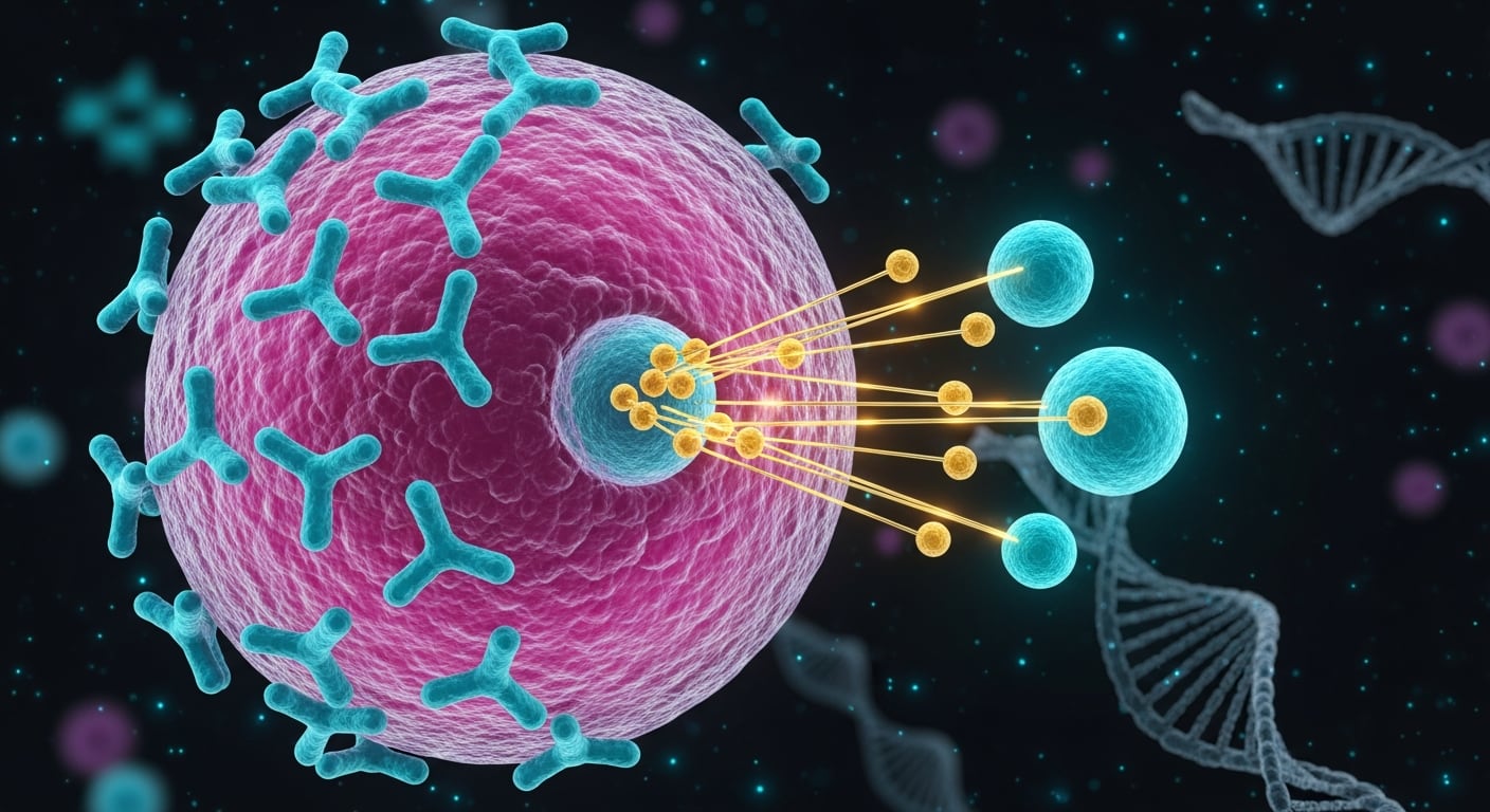 Ilustración 3D de una célula tumoral de pulmón con moléculas azules bloqueando receptores externos y moléculas doradas interfiriendo vías de señalización internas, mostrando un mecanismo de terapia dirigida. (Imagen Ilustrativa Infobae)