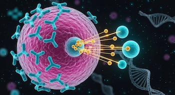 Ilustración 3D: célula magenta con moléculas azules en Y adheridas; moléculas doradas emiten luz hacia el centro. Fondo oscuro con cadenas de ADN flotando.