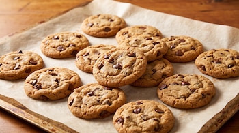 Galletas redondas con chispas de chocolate sobre papel para hornear en una bandeja colocada sobre una mesa de madera.