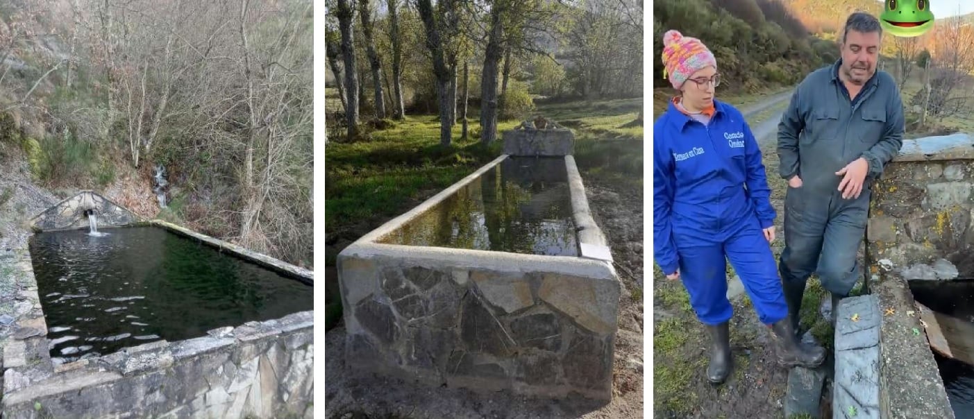 Dos de los abrevaderos de León que la Junta ha seleccionado para este proyecto. A la derecha, dos ganaderos en un video en redes sociales mostrando la rampa que se ha construido para los anfibios
