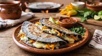 Dos quesadillas de maíz azul con queso y flor de calabaza en un plato de barro con salsa roja, limones, cilantro y recipientes tradicionales.