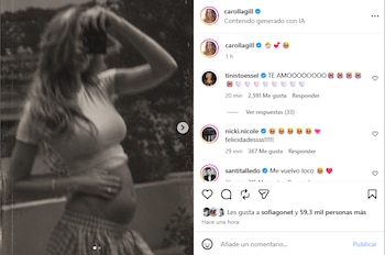 Captura de pantalla de una publicación de Instagram en blanco y negro que muestra un embarazo y varios comentarios de usuarios