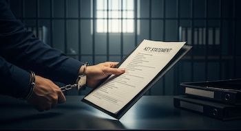 Primer plano de una mano esposada sosteniendo un documento titulado 'KEY STATEMENT' sobre una mesa, con carpetas y rejas de prisión en el fondo desenfocado.