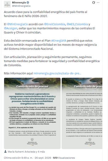 Ministerio de Energía confirmó aplazamiento de mantenimiento de El Guavio y Chivor II