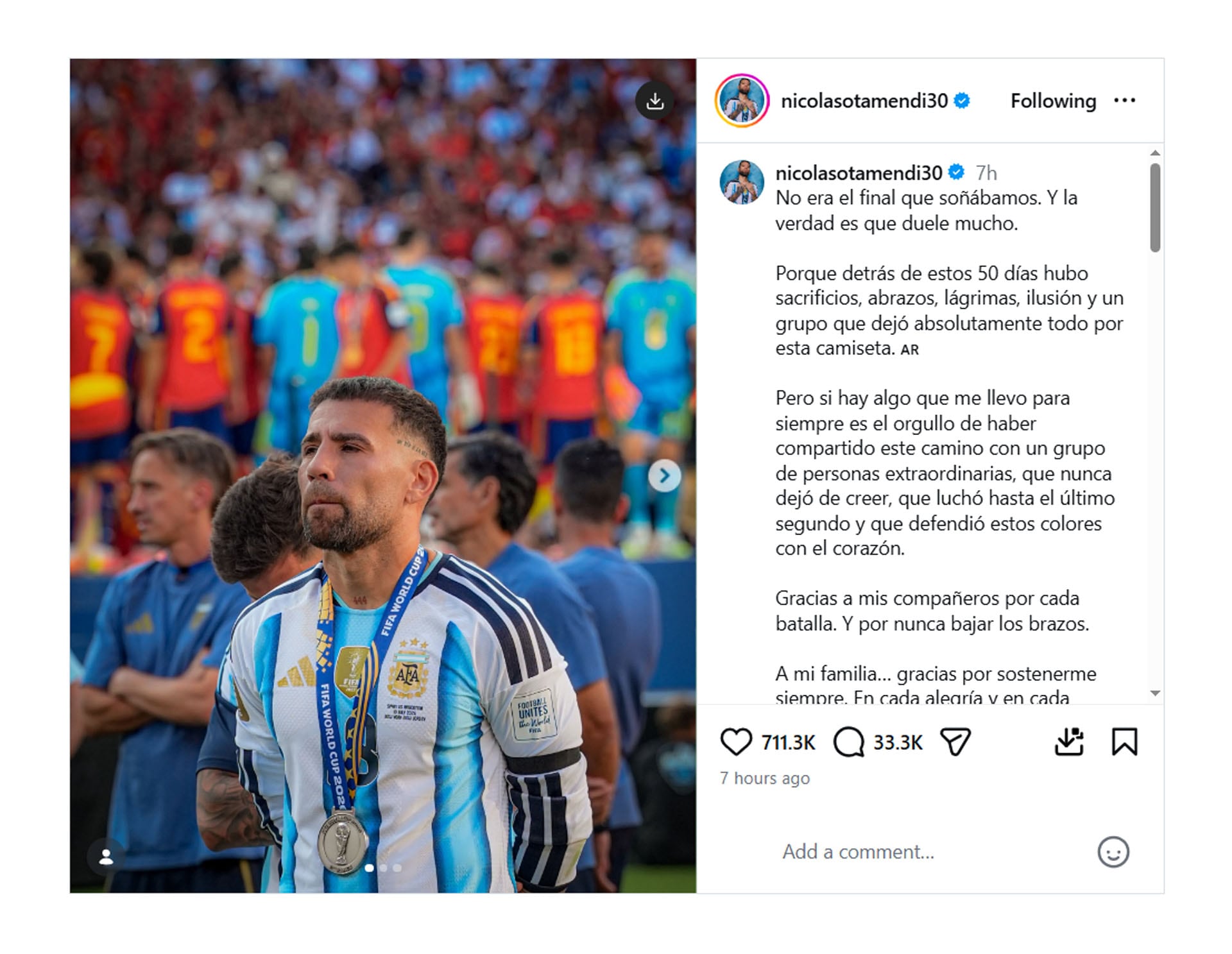 El mensaje de Nicolás Otamendi tras perder la final del Mundial 2026 ante España (@nicolasotamendi30)