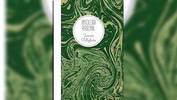 Portada de libro con patrón marmolado verde y un círculo blanco central con el texto Antología Personal Juano Villafañe