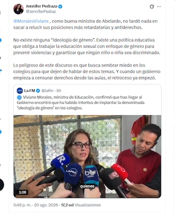 La senadora Jennifer Pedraza señaló a la ministra de Educación de tener posiciones retardatarias y antiderechos - crédito @JenniferPedraz/X
