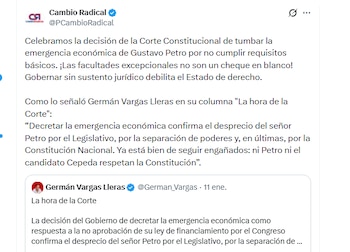 O partido Cambio Radical comemorou o colapso da emergência econômica do Governo Petro - crédito @PCambioRadical/X